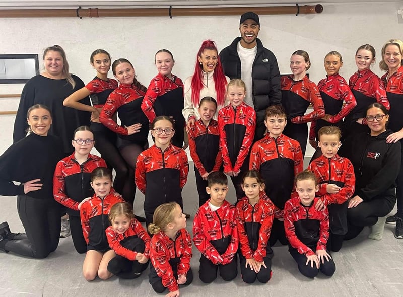 Strictly's Dianne Buswell and Tyler West pictured with students and staff at Nicky Figgins Centre Stage Academy, where they rehearsed before their Blackpool show.