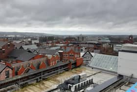 A view of Wigan town centre, from the Grand Arcade roof, taking in Market Square and the Galleries in the middle distance