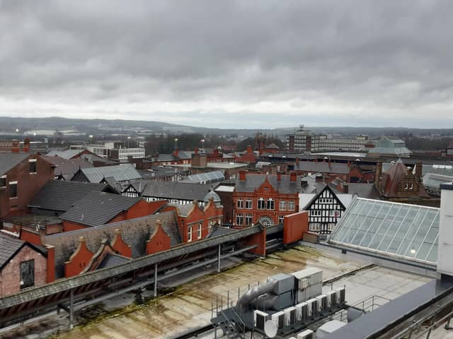 A view of Wigan town centre, from the Grand Arcade roof, taking in Market Square and the Galleries in the middle distance