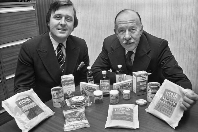 Potter's Herbs managing director, Jeffrey Hampson, right, and his son, Tony Hampson, production manager, at their factory in Leyland Mill Lane in March 1977.
