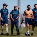 Matt Peet (far right) comes off with the training field in Las Vegas with Liam Farrell, Tommy Leuluai and Kruise Leeming