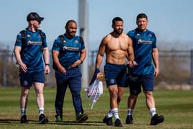Matt Peet (far right) comes off with the training field in Las Vegas with Liam Farrell, Tommy Leuluai and Kruise Leeming