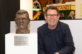 Andy Burnham with bronze statue