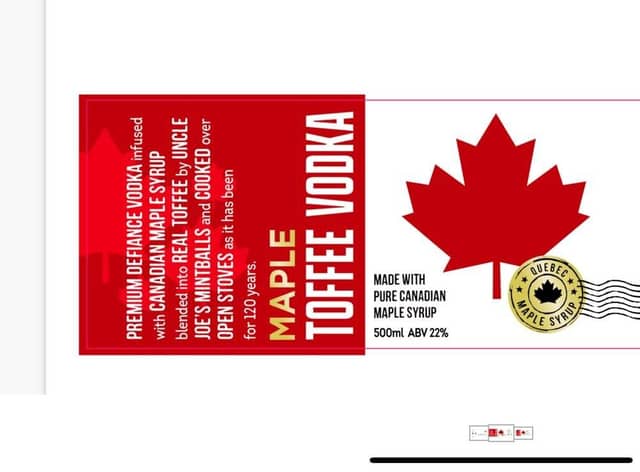 A label for the toffee vodka made with Uncle Joe's Mint Balls