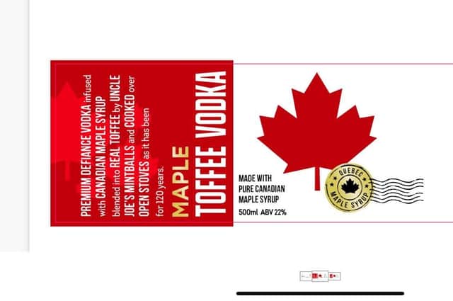 A label for the toffee vodka made with Uncle Joe's Mint Balls