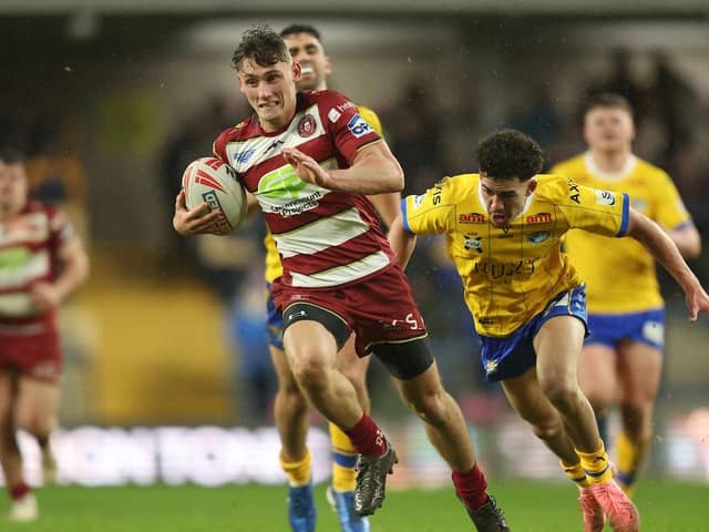 Noah Hodkinson in action for Wigan Warriors in a pre-season friendly against Leeds Rhinos