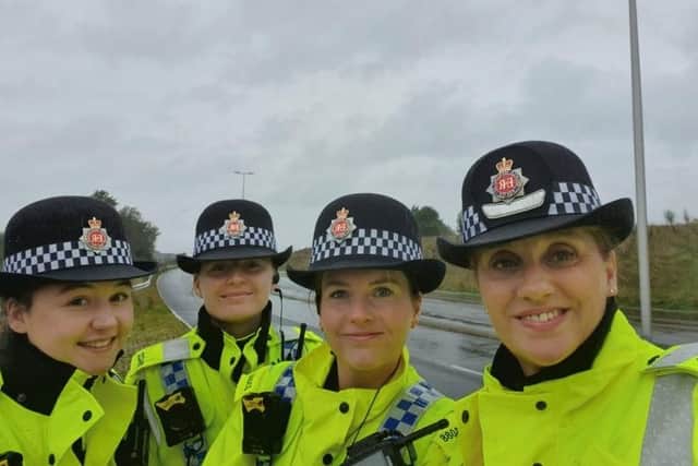 Wigan district commander, Chief Supt Emily Higham (right) on Westwood Way with the Tutor Unit enforcing traffic speeding regulations