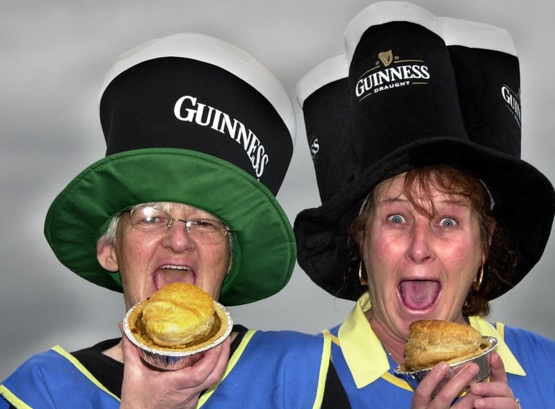 2004 - Edward's Bakery staff members, Moira Hughes and Moira Mason, try out the Irish Stew pies which will be on sale for St. Patrick's Day.