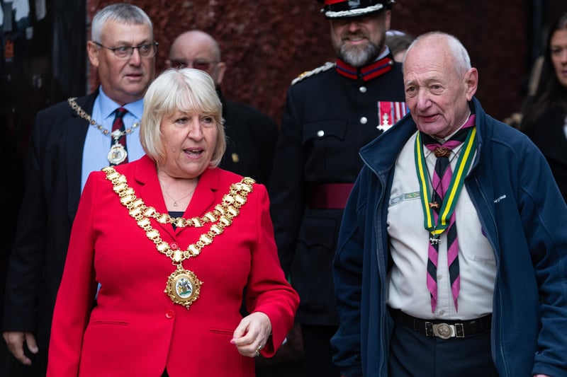 The Mayor of Wigan Councillor Marie Morgan joins in with the St George's Day Parade in Wigan. Photo: Kelvin Stuttard