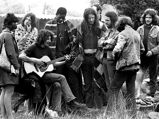 Some festival goers made their own music at Bickershaw in 1972.