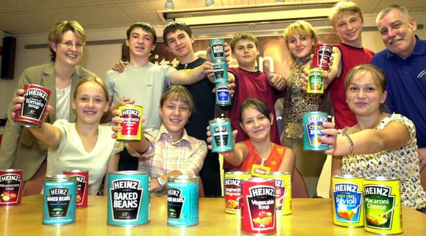 A group of Ukranian school children visit Heinz factory Kitt Green Wigan 2002