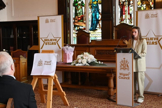 Lioness Ella Toone speaks at the event.