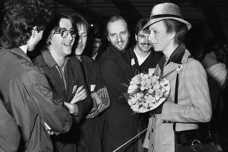 Princess Anne shares a joke with workers after performing the official opening when she visited Stuart Edgar's new tissue manufacturing factory on the South Lancashire Industrial Estate at Bryn on Tuesday 18th of March 1986.