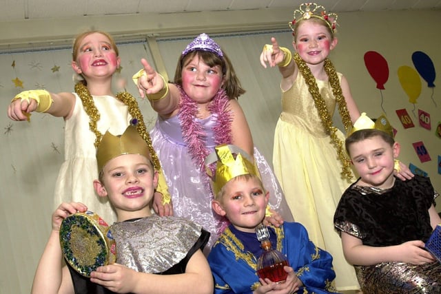 The bossy wives of the three kings tell them where the star is in " A Tale of Two Birthdays " staged by the infants of Highfield St Matthew's Primary School.