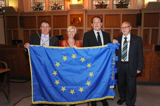 Council of Europe Flag of Honour presentation to Wigan: Mayor and Mayor's Consort, Coun Myra Whiteside and John Hurst with the Mayor of Angers Frédérique Béatse, and Jim Dobbin MP, member of the Parliamentary Assembly of the Council of Europe
