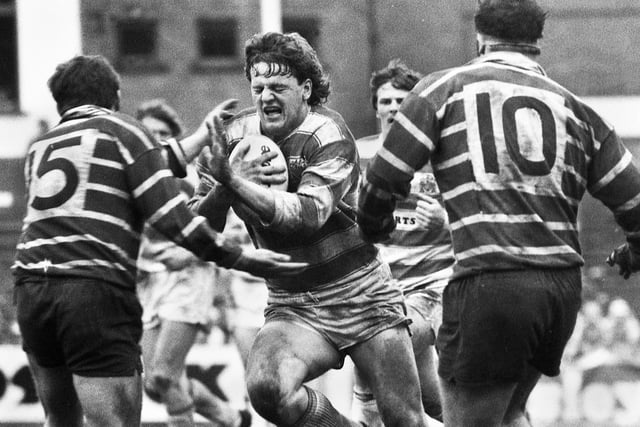 Wigan forward Brian Dunn charges forward against Featherstone Rovers in a league match at Central Park on Sunday 21st of April 1985. Wigan won the match 12-10.