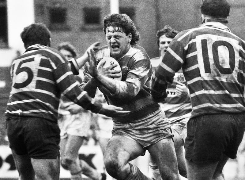 Wigan forward Brian Dunn charges forward against Featherstone Rovers in a league match at Central Park on Sunday 21st of April 1985. Wigan won the match 12-10.