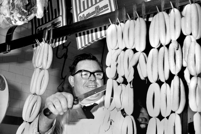 Butcher Fred Barton at work in his Wigan shop in 1969.