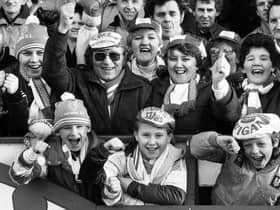 Wigan fans at the league game against St. Helens at Central Park on Boxing Day Thursday 26th of December 1985. Wigan won the match 38-14.