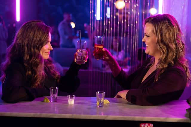 Emily (Rachel Shenton) and Laura (Jo Joyner) share a drink in a scene from the new Channel 5 drama For Her Sins