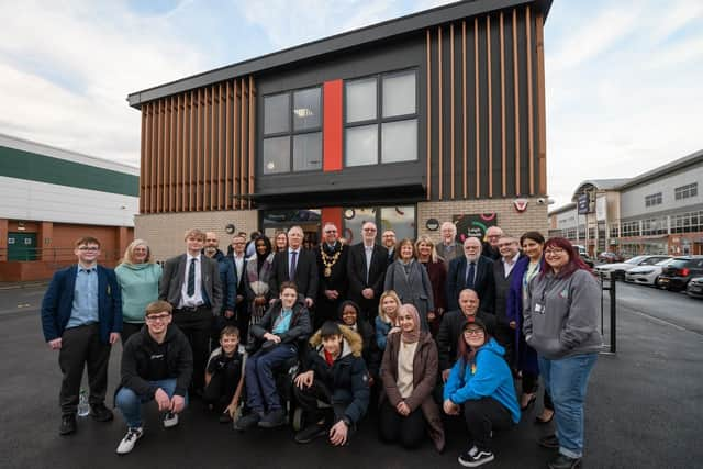 The Leader of Wigan Council, council chief exec Alison McKenzie-Folan, Deputy Mayor Kevin Anderson, Councillors, staff and guests at the hub