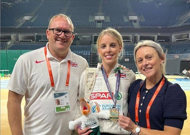 Trevor Painter (left) pictured with Keely Hodgkinson (centre) and Jenny Meadows (right) after the 2023 European Athletics Indoor Championships  in Istanbul.