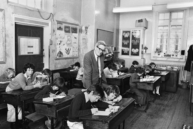 Inside one of the classrooms at St. David Haigh and Aspull CE Primary School on Copperas Lane in January 1976.