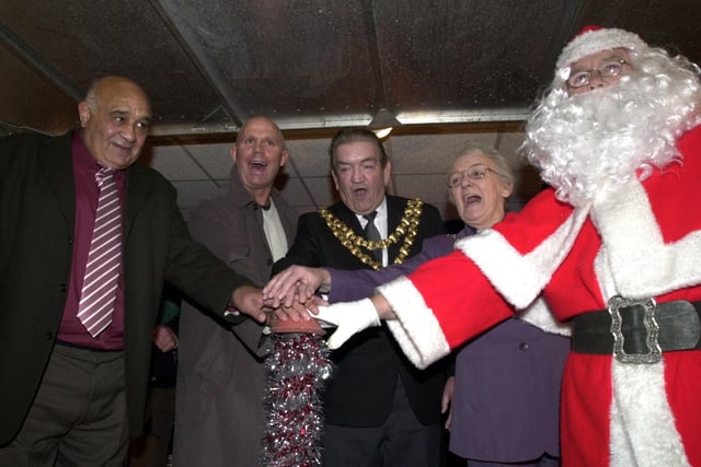 2003 - Wigan Christmas Lights: Switching on the lights from left, Billy Boston, Mike Gregory, Mayor and Mayoress Councillor Wilf and Mrs Agnes Brogan and Father Christmas  .