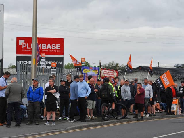 Workers from Pemberton Park and Leisure Homes LTD, Woodhouse Lane, Wigan, on the second day of strike action.