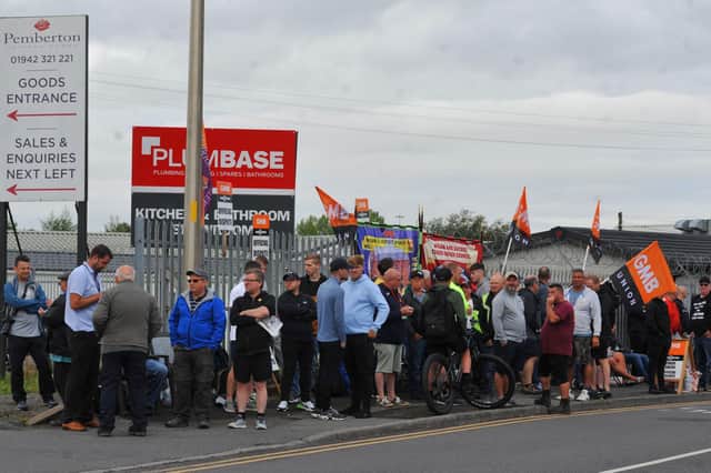 Workers from Pemberton Park and Leisure Homes LTD, Woodhouse Lane, Wigan, on the second day of strike action.
