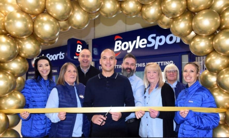 Leon Osman, broadcaster Graeme White, BoyleSports shop manager Susan Highcock and BoyleSports staff officially launch the brand new BoyleSports shop in The Concourse shopping centre