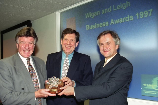 Liverpool soccer legend, Emlyn Hughes, presenting prizes at the Wigan and Leigh Business Awards at the Wigan Investment Centre on Friday 16th of May 1997.