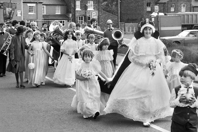 All Saints Church rose queen, Alison Magee, and retinue at the Hindley combined walking day on Sunday 12th of June 1983.