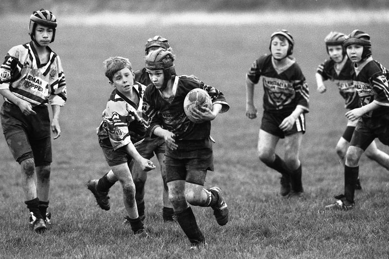 Ashton Bears Under 12s on the attack during a 22-12 defeat of Leigh Rangers in a junior rugby league match at Low Bank Road, Ashton, on Sunday 27th of November 1994.