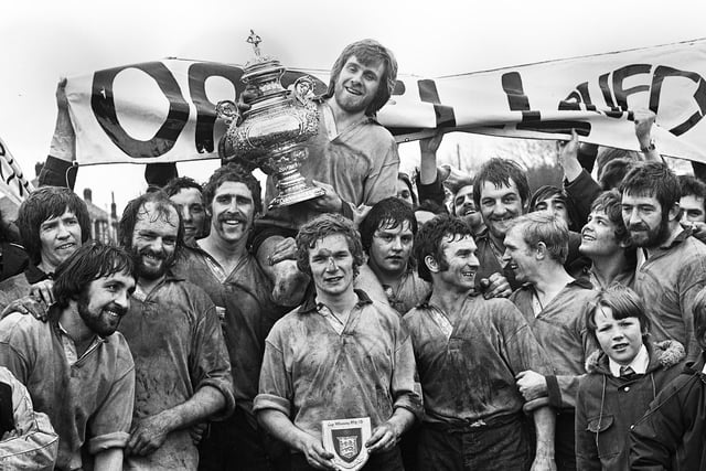 Orrell celebrate with the trophy after beating Manchester in the Lancashire Cup Final at the home of Broughton Park Rugby Union Club in Chorlton-cum-Hardy on Sunday 20th of April 1975.
Orrell won the match 9-3.