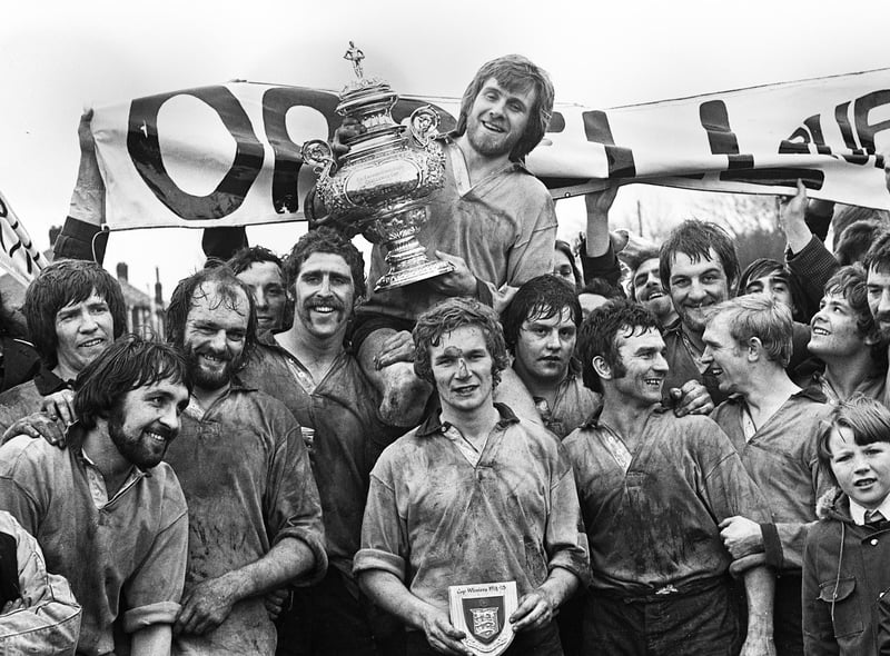 Orrell celebrate with the trophy after beating Manchester in the Lancashire Cup Final at the home of Broughton Park Rugby Union Club in Chorlton-cum-Hardy on Sunday 20th of April 1975.
Orrell won the match 9-3.