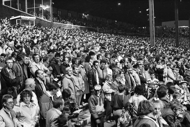 A section of the huge near 37,000 crowd that flocked into Central Park for the Wigan v Manly World Club Challenge match on Wednesday 7th of October 1987.