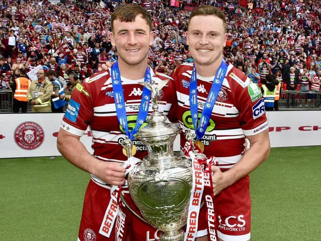 Harry Smith and Jai Field with the Challenge Cup trophy at Wembley