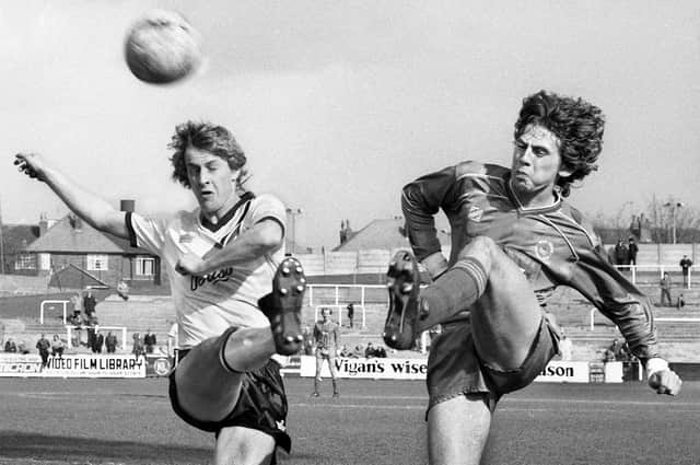 Wigan Athletic winger David Lowe in a foot ballet duel against Derby County in the Division 3 clash at Springfield Park on Saturday 20th of April 1985. The match was a 2-2 draw with Warren Aspinall and Steve Walsh getting Latic's goals.