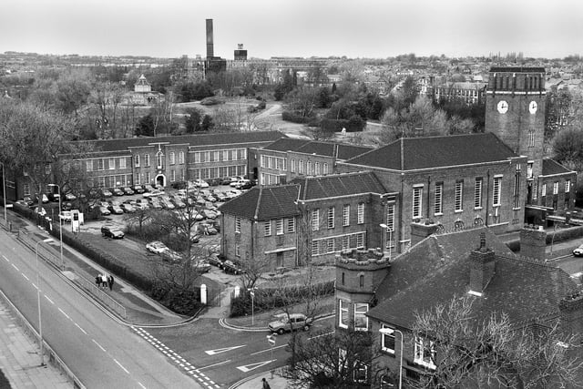 The old Wigan Grammar School pictured in March 1994 when it was at the transitory stage between being Mesnes High School and the Linacre Outpatients Centre. In the foreground is the Drumcroon Gallery with Mesnes Park and the old Rylands Mill which when it closed became John England Mail Order then Wigan Technical College's Pagefield Building. Picture by Jon Snape