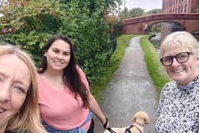 Bryonie Shaw, Kim Beardsmore and Bernardette Ashcroft reach Leigh to complete their sponsored dog walk last year
