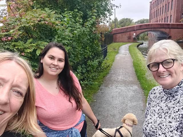 Bryonie Shaw, Kim Beardsmore and Bernardette Ashcroft reach Leigh to complete their sponsored dog walk last year