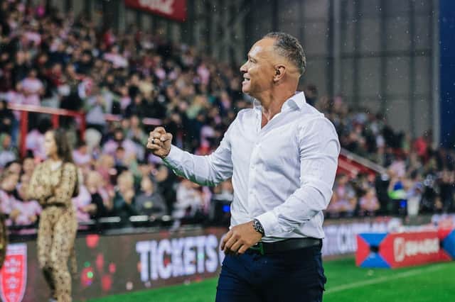 Leigh Leopards coach Adrian Lam celebrates their win over Wigan Warriors with the fans