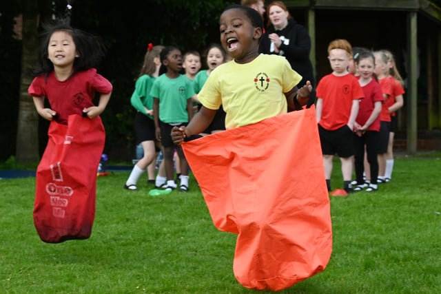 Pupils enjoy their sports day at  St Paul's CE Primary School, Goose Green, Wigan.