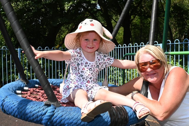 Alison Brady with niece Dottie, three, have fun at the playground at Three Sisters, Ashton-in-Makerfield.