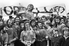 Orrell celebrate with the trophy after beating Manchester in the Lancashire Cup Final at the home of Broughton Park Rugby Union Club in Chorlton-cum-Hardy on Sunday 20th of April 1975. Orrell won the match 9-3.