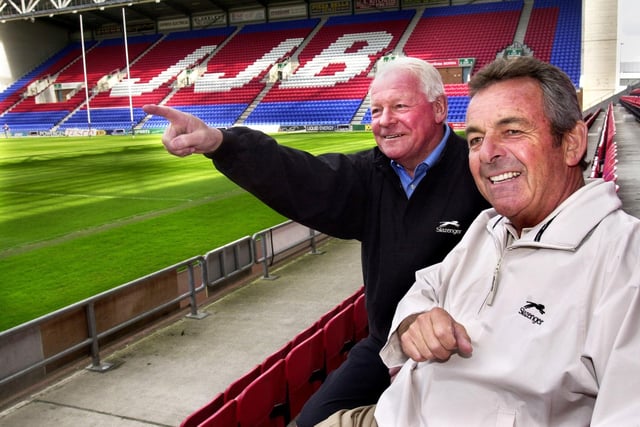 Dave Whelan, owner of JJB Sports and Wigan Athletic, at the JJB Stadium with golfing legend, Tony Jacklin, after signing up for a 5 year sponsorship deal which would see the former Ryder Cup captain and Major winner become the face of JJB's expansion into the golf market in May 2004.