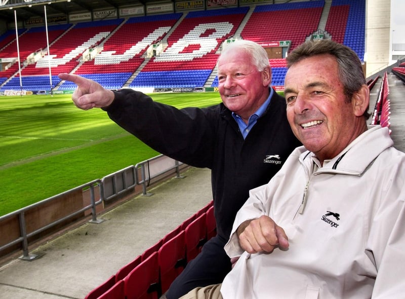 Dave Whelan, owner of JJB Sports and Wigan Athletic, at the JJB Stadium with golfing legend, Tony Jacklin, after signing up for a 5 year sponsorship deal which would see the former Ryder Cup captain and Major winner become the face of JJB's expansion into the golf market in May 2004.