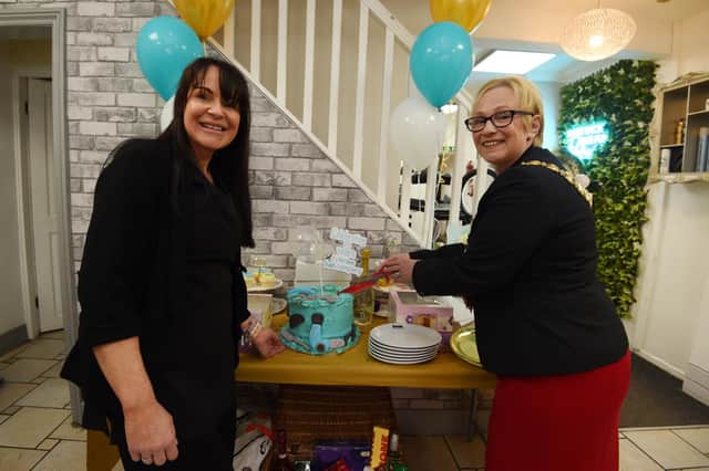 The Mayor of Wigan Coun Yvonne Klieve, right, joins salon owner Donna Denton, left, staff and clients at Tyler Lee Hair Company, Ormskirk Road, Pemberton as to celebrate 19 years in business.