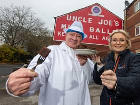 Ant Winnard and Helen May with one of the brownies outside the Uncle Joe’s factory
